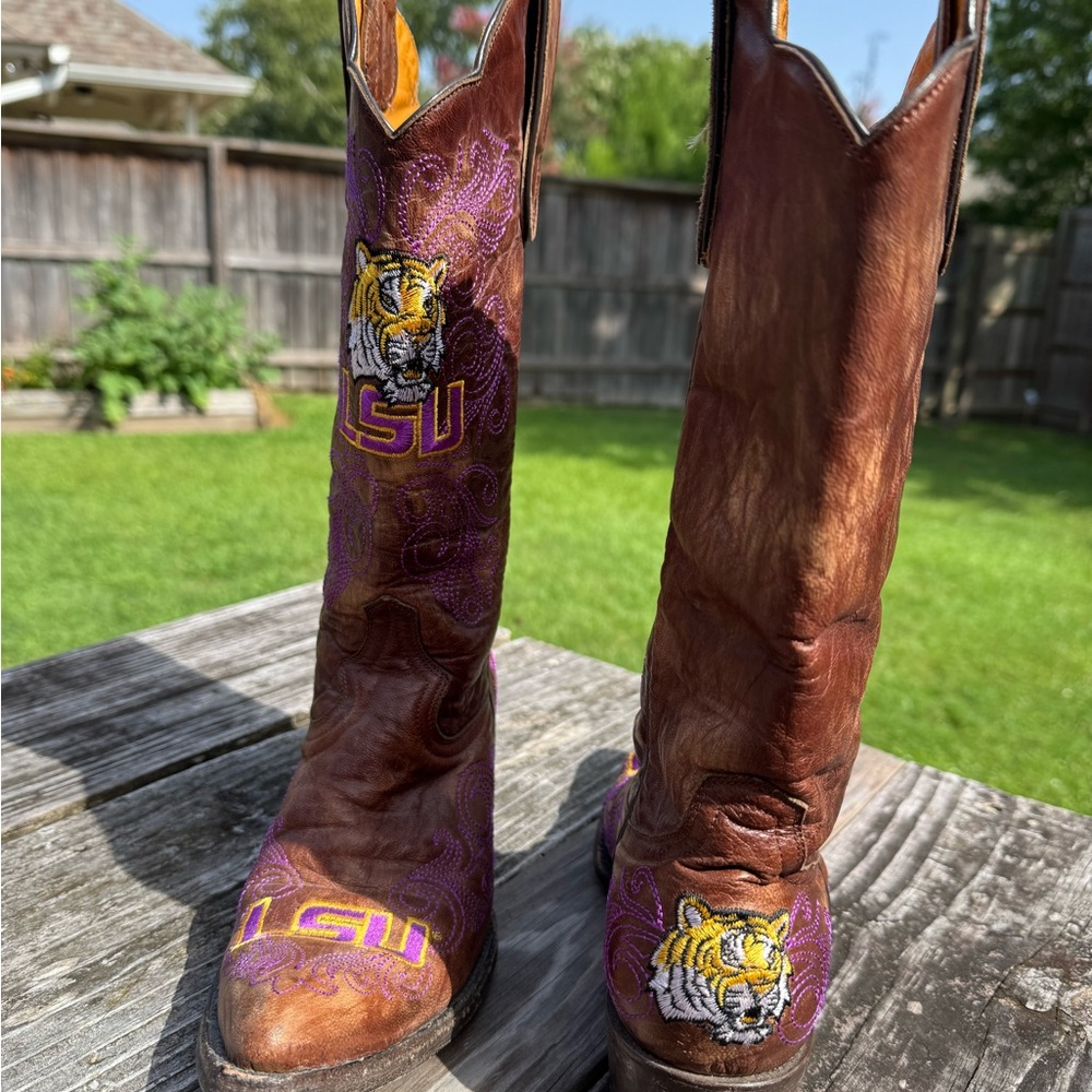 LSU Embroidered Brown Heeled Boots